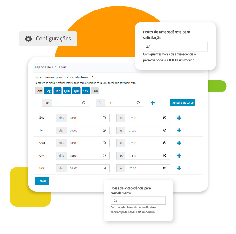 Configurações de horários e especialidades disponíveis para agendamento